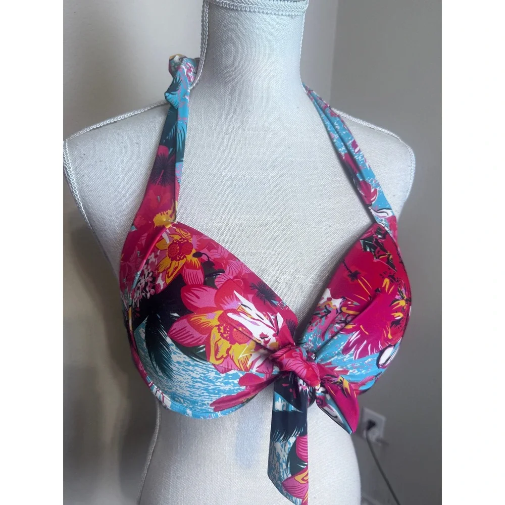 Relleciga Pink Tropical Floral Halter Bikini Top Padded Front Knot Swimwear L